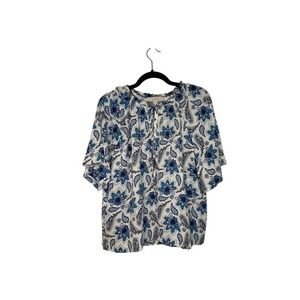 LOFT Women's Blouse Medium Blue Floral Paisley Print Short Sleeve Top NWT